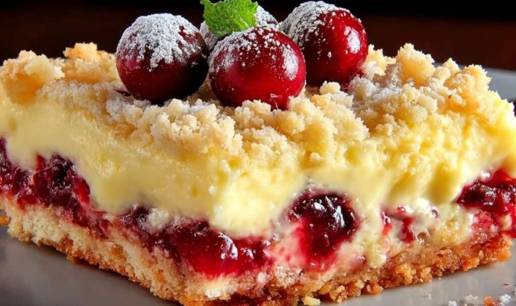Kirschkuchen mit Streuseln und Vanillepudding in der Springform, goldbraun gebacken