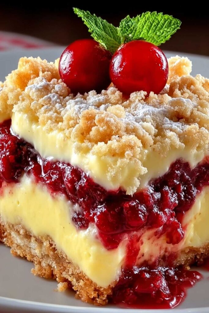 Angeschnittenes Stück Kirschkuchen mit Streuseln und Vanillepudding mit sichtbaren Schichten