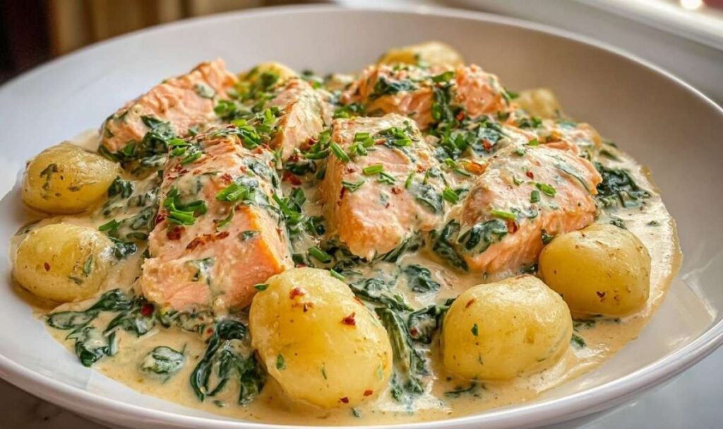 Servierfertige Lachs-Gnocchi in einer cremigen Sahnesauce mit frischem Dill