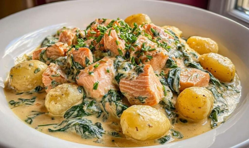 Servierfertige Lachs-Gnocchi in einer cremigen Sahnesauce mit frischem Dill