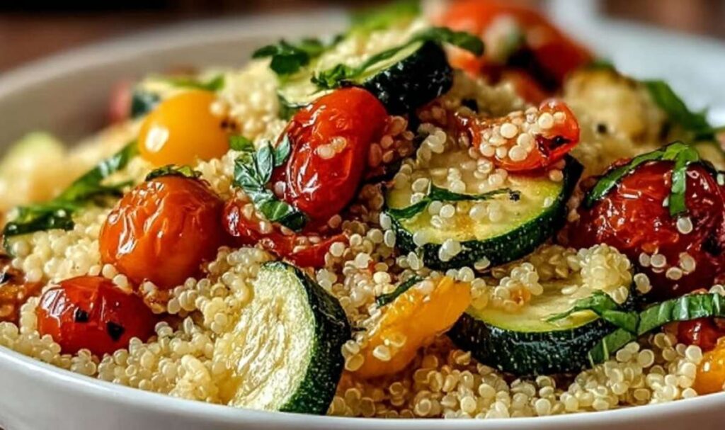 Röstgemüse Couscous mit buntem geröstetem Gemüse und frischer Petersilie in einer Schüssel