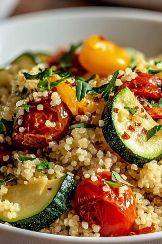 Röstgemüse Couscous mit buntem geröstetem Gemüse und frischer Petersilie in einer Schüssel