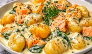 Pfanne mit cremigen Räucherlachs Gnocchi und frischem Dill