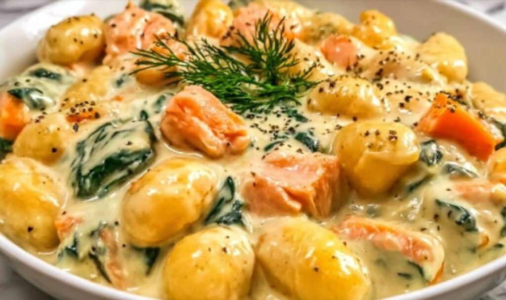 Pfanne mit cremigen Räucherlachs Gnocchi und frischem Dill