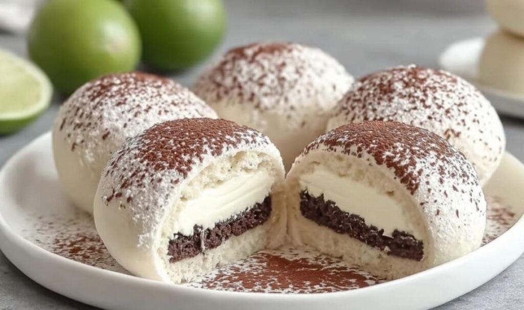 Tiramisu Bällchen mit Kakaopulver bestäubt auf weißem Servierteller