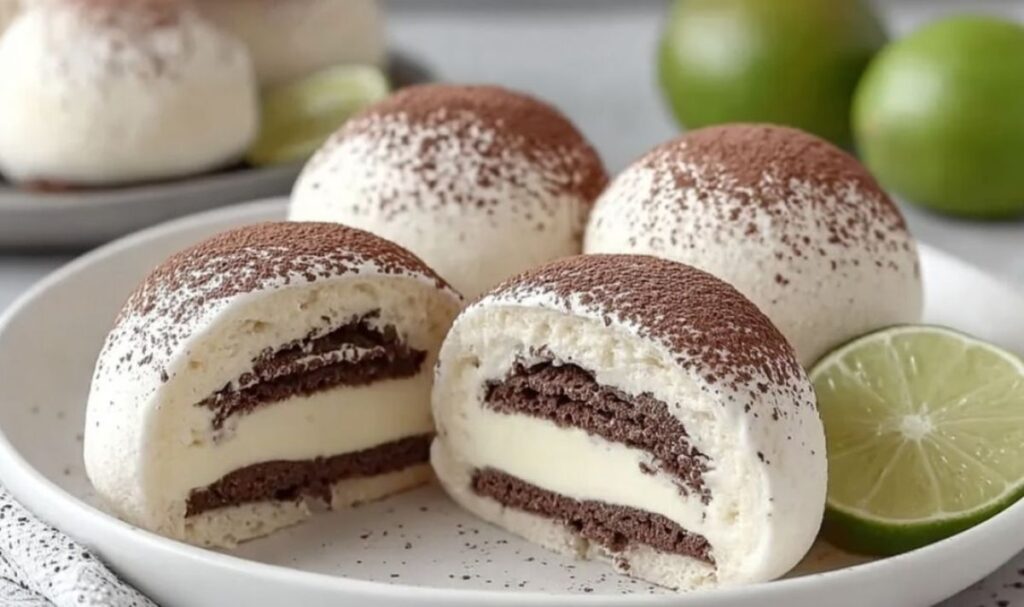 Tiramisu Bällchen mit Kakaopulver bestäubt auf weißem Servierteller